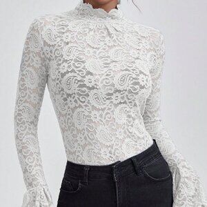 White Elegant Women's Stand Collar Sexy Slim Fit Lace Hollow-Out Top